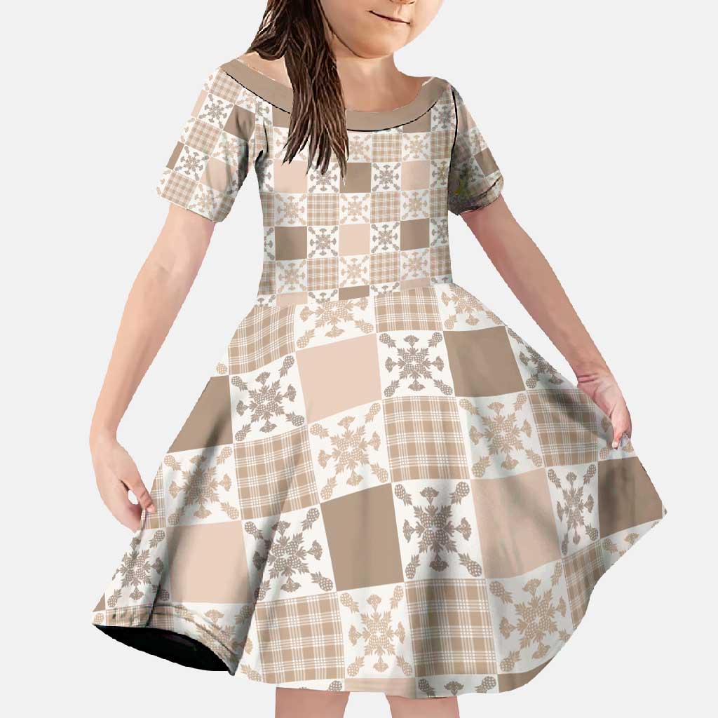 Hawaiian Palaka Quilt Pattern Family Matching Tank Maxi Dress and Hawaiian Shirt Hawaii Culture Pineapple LT9 Daughter's Dress Beige - Polynesian Pride