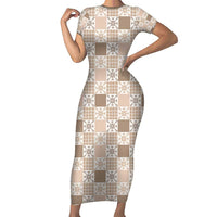 Hawaiian Palaka Quilt Pattern Short Sleeve Bodycon Dress Hawaii Culture Pineapple LT9 Long Dress Beige - Polynesian Pride