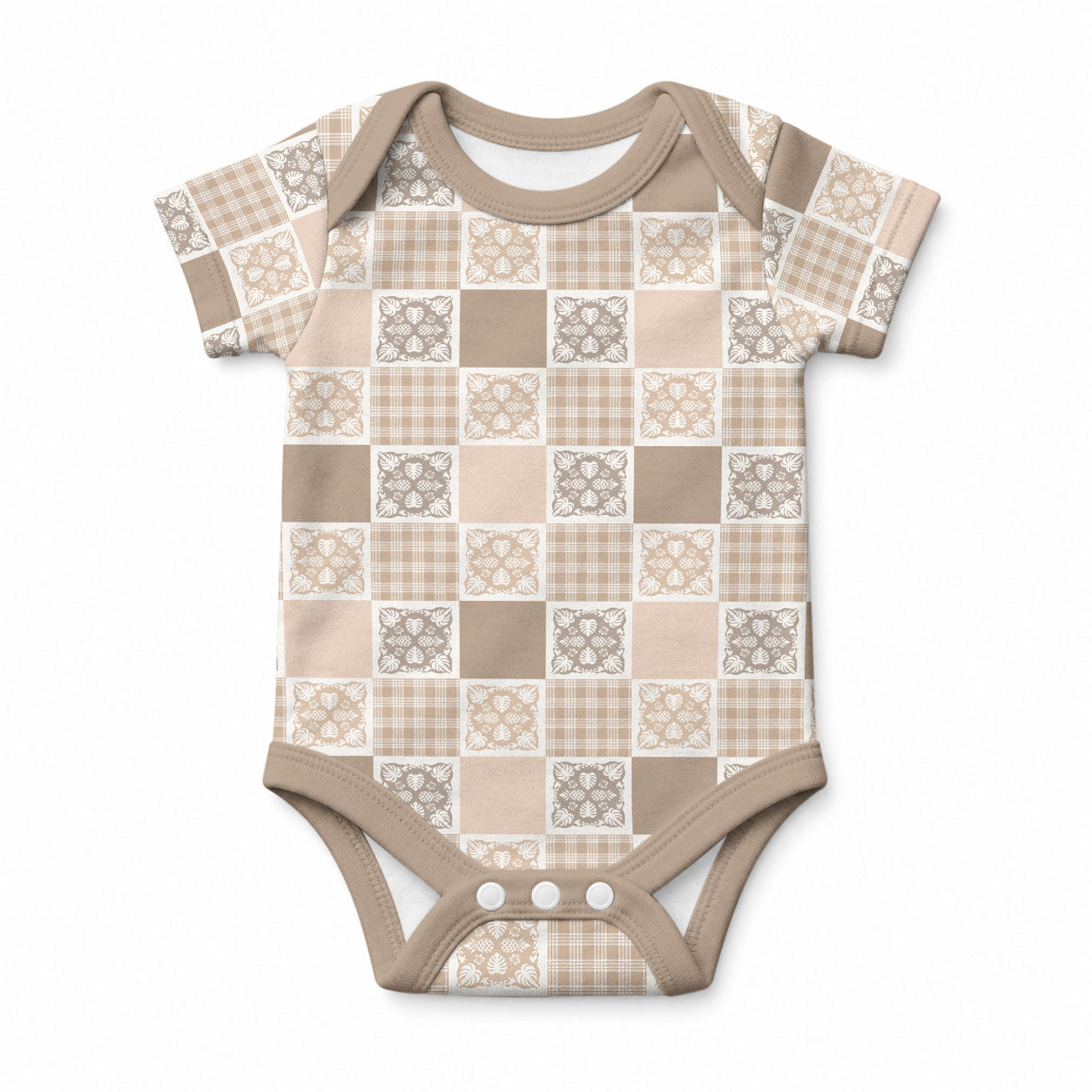 Hawaiian Palaka Quilt Pattern Baby Onesie Hawaii Culture Tropical Flowers Mix LT9 Beige - Polynesian Pride