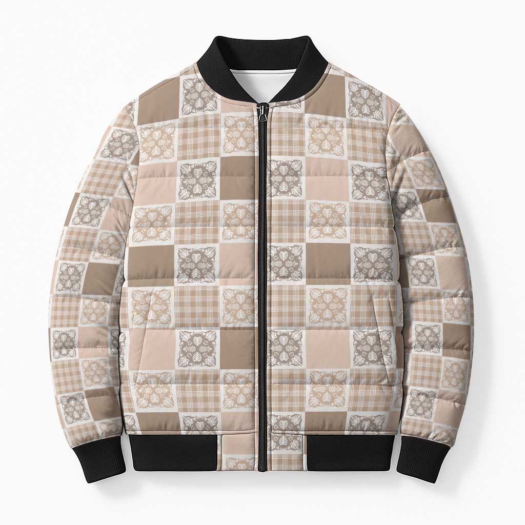 Hawaiian Palaka Quilt Pattern Bomber Puffer Jacket Hawaii Culture Tropical Flowers Mix LT9 Unisex Beige - Polynesian Pride