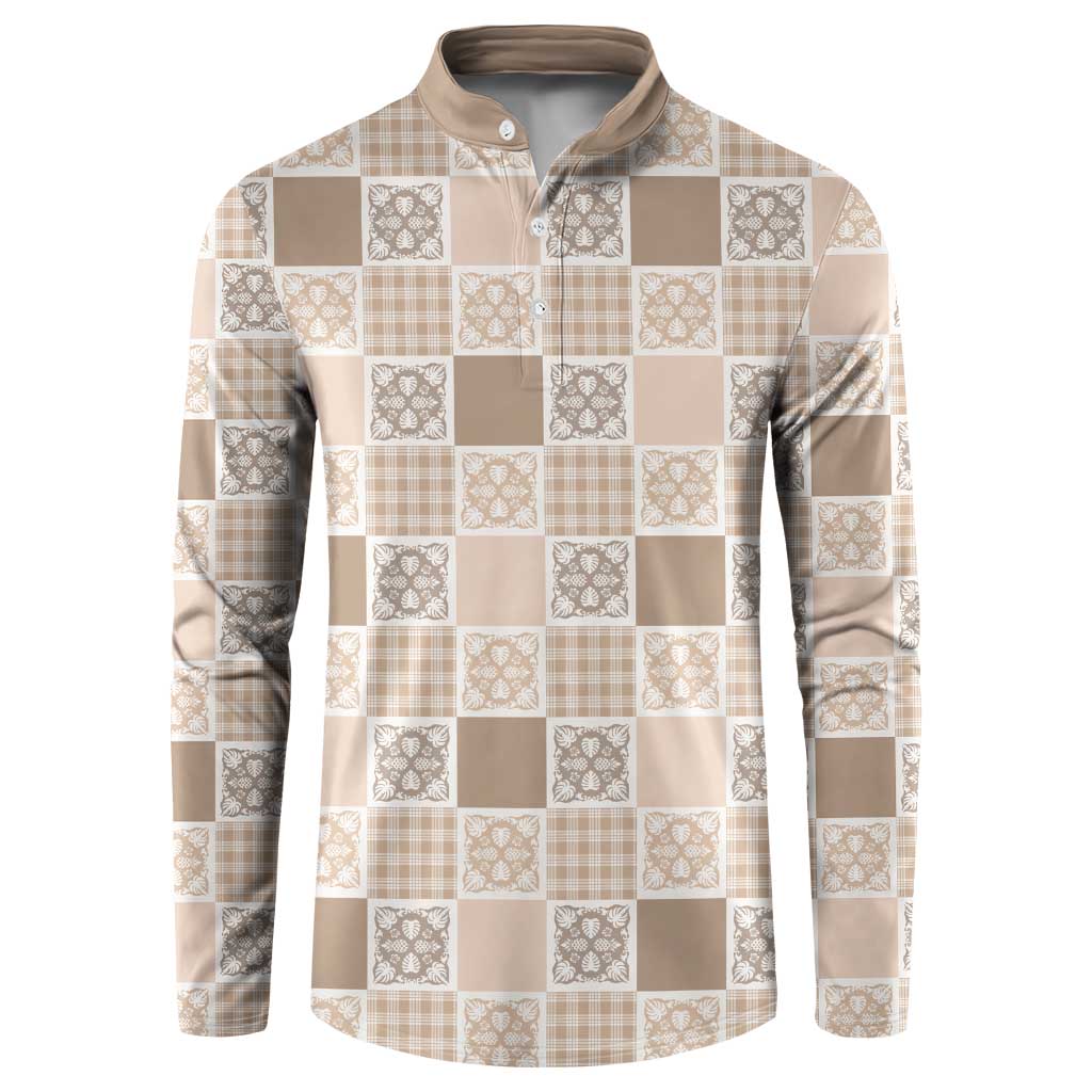 Hawaiian Palaka Quilt Pattern Button Sweatshirt Hawaii Culture Tropical Flowers Mix LT9 Beige - Polynesian Pride