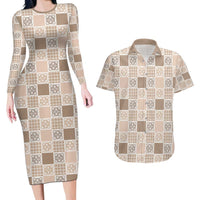 Hawaiian Palaka Quilt Pattern Couples Matching Long Sleeve Bodycon Dress and Hawaiian Shirt Hawaii Culture Tropical Flowers Mix LT9 Beige - Polynesian Pride