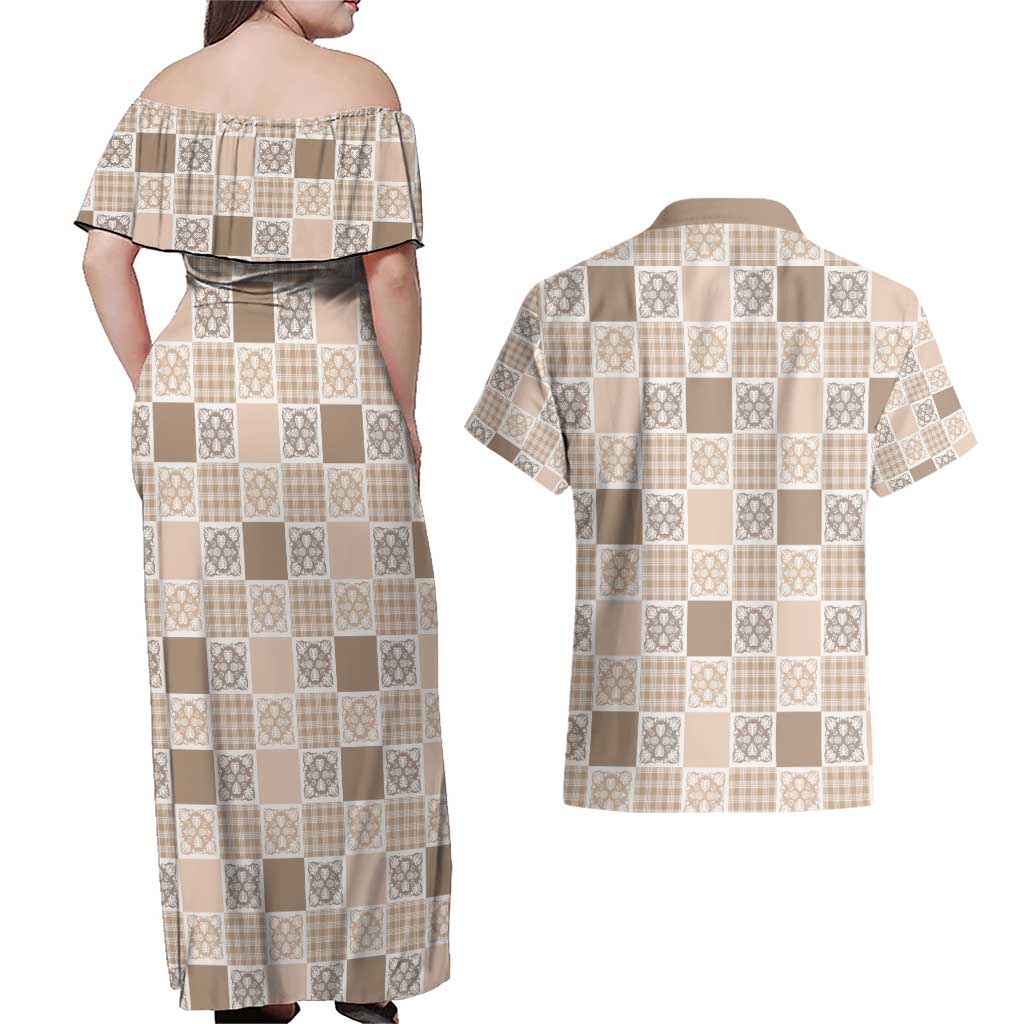 Hawaiian Palaka Quilt Pattern Couples Matching Off Shoulder Maxi Dress and Hawaiian Shirt Hawaii Culture Tropical Flowers Mix - Polynesian Pride