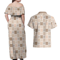Hawaiian Palaka Quilt Pattern Couples Matching Off Shoulder Maxi Dress and Hawaiian Shirt Hawaii Culture Tropical Flowers Mix - Polynesian Pride