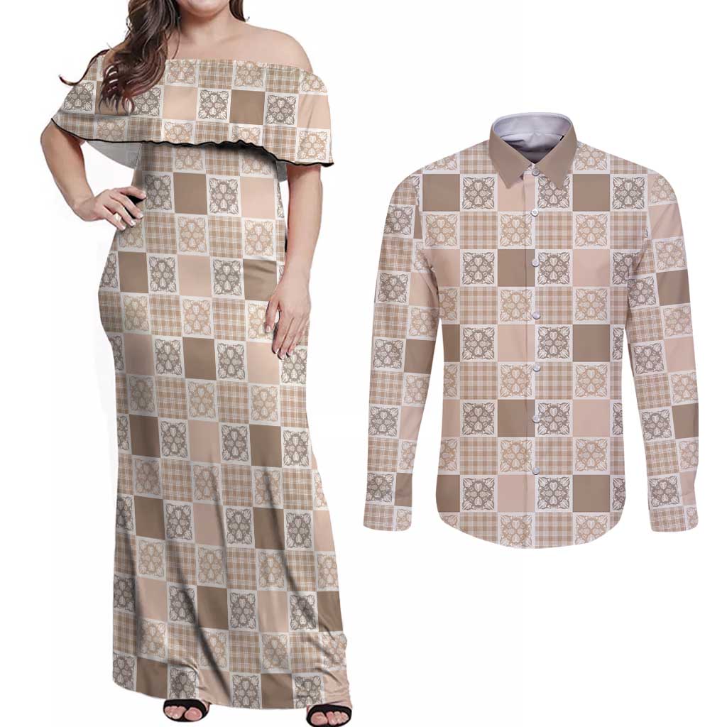 Hawaiian Palaka Quilt Pattern Couples Matching Off Shoulder Maxi Dress and Long Sleeve Button Shirt Hawaii Culture Tropical Flowers Mix - Polynesian Pride