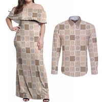 Hawaiian Palaka Quilt Pattern Couples Matching Off Shoulder Maxi Dress and Long Sleeve Button Shirt Hawaii Culture Tropical Flowers Mix - Polynesian Pride