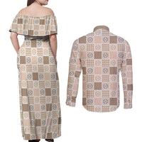 Hawaiian Palaka Quilt Pattern Couples Matching Off Shoulder Maxi Dress and Long Sleeve Button Shirt Hawaii Culture Tropical Flowers Mix - Polynesian Pride