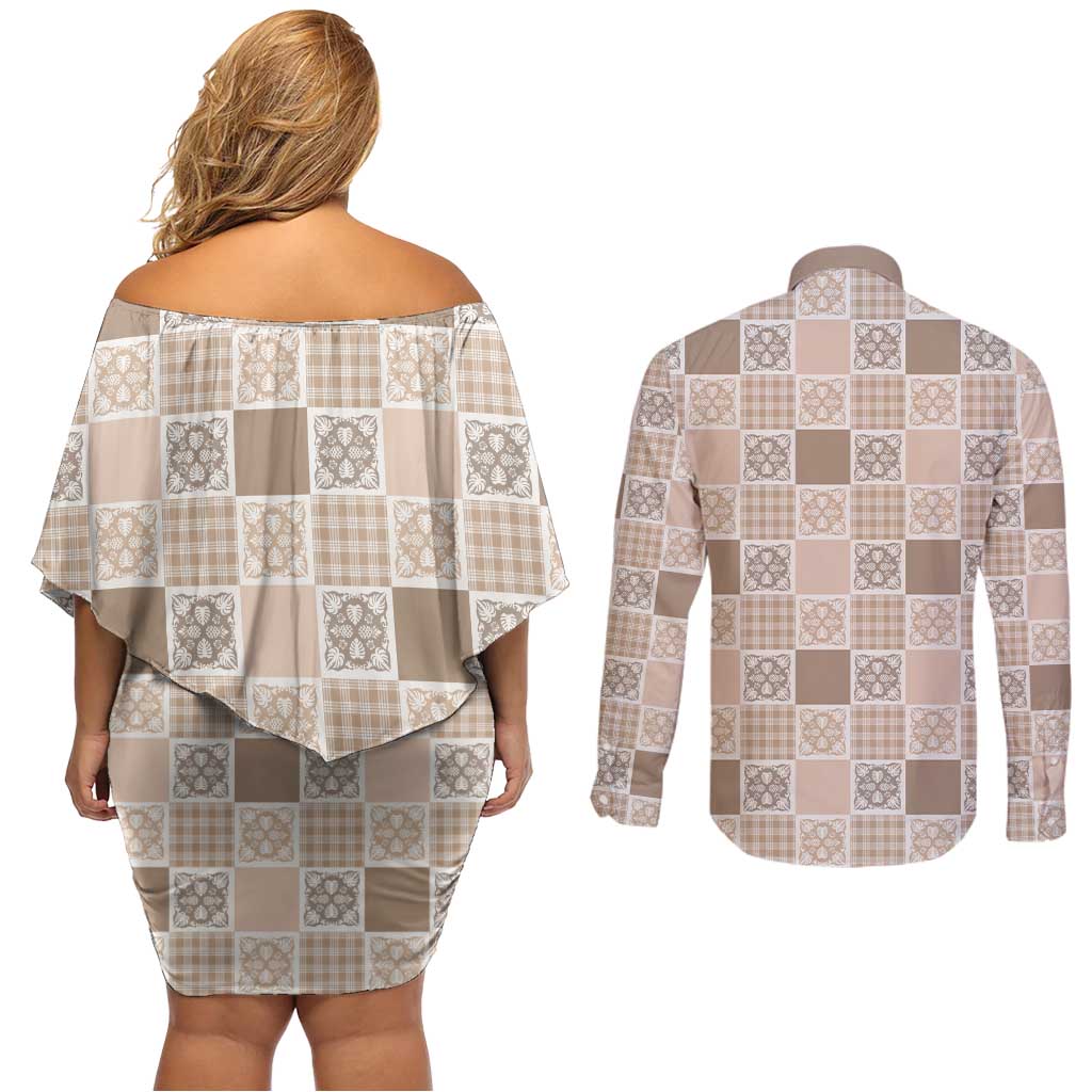 Hawaiian Palaka Quilt Pattern Couples Matching Off Shoulder Short Dress and Long Sleeve Button Shirt Hawaii Culture Tropical Flowers Mix - Polynesian Pride