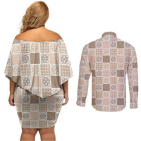 Hawaiian Palaka Quilt Pattern Couples Matching Off Shoulder Short Dress and Long Sleeve Button Shirt Hawaii Culture Tropical Flowers Mix - Polynesian Pride