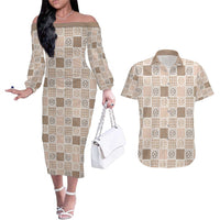 Hawaiian Palaka Quilt Pattern Couples Matching Off The Shoulder Long Sleeve Dress and Hawaiian Shirt Hawaii Culture Tropical Flowers Mix LT9 Beige - Polynesian Pride