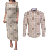 Hawaiian Palaka Quilt Pattern Couples Matching Puletasi and Long Sleeve Button Shirt Hawaii Culture Tropical Flowers Mix - Polynesian Pride