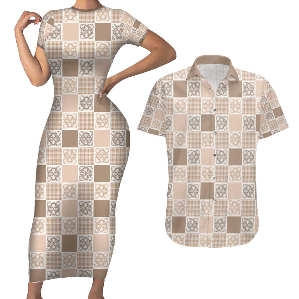 Hawaiian Palaka Quilt Pattern Couples Matching Short Sleeve Bodycon Dress and Hawaiian Shirt Hawaii Culture Tropical Flowers Mix LT9 Beige - Polynesian Pride