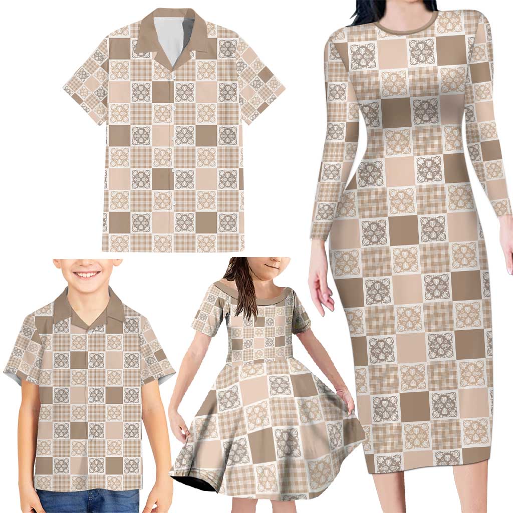 Hawaiian Palaka Quilt Pattern Family Matching Long Sleeve Bodycon Dress and Hawaiian Shirt Hawaii Culture Tropical Flowers Mix LT9 - Polynesian Pride