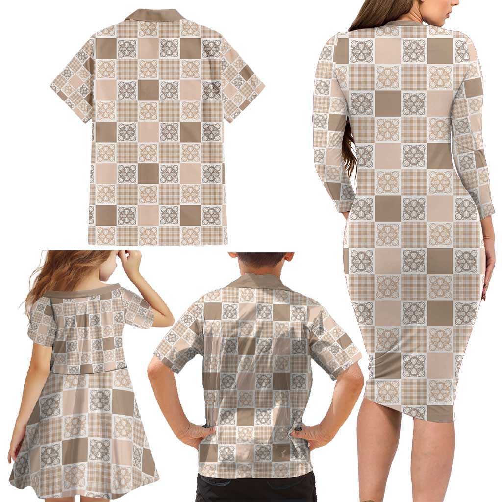 Hawaiian Palaka Quilt Pattern Family Matching Long Sleeve Bodycon Dress and Hawaiian Shirt Hawaii Culture Tropical Flowers Mix LT9 - Polynesian Pride