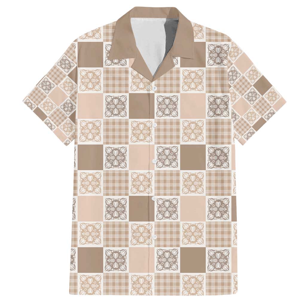 Hawaiian Palaka Quilt Pattern Family Matching Long Sleeve Bodycon Dress and Hawaiian Shirt Hawaii Culture Tropical Flowers Mix LT9 Dad's Shirt - Short Sleeve Beige - Polynesian Pride