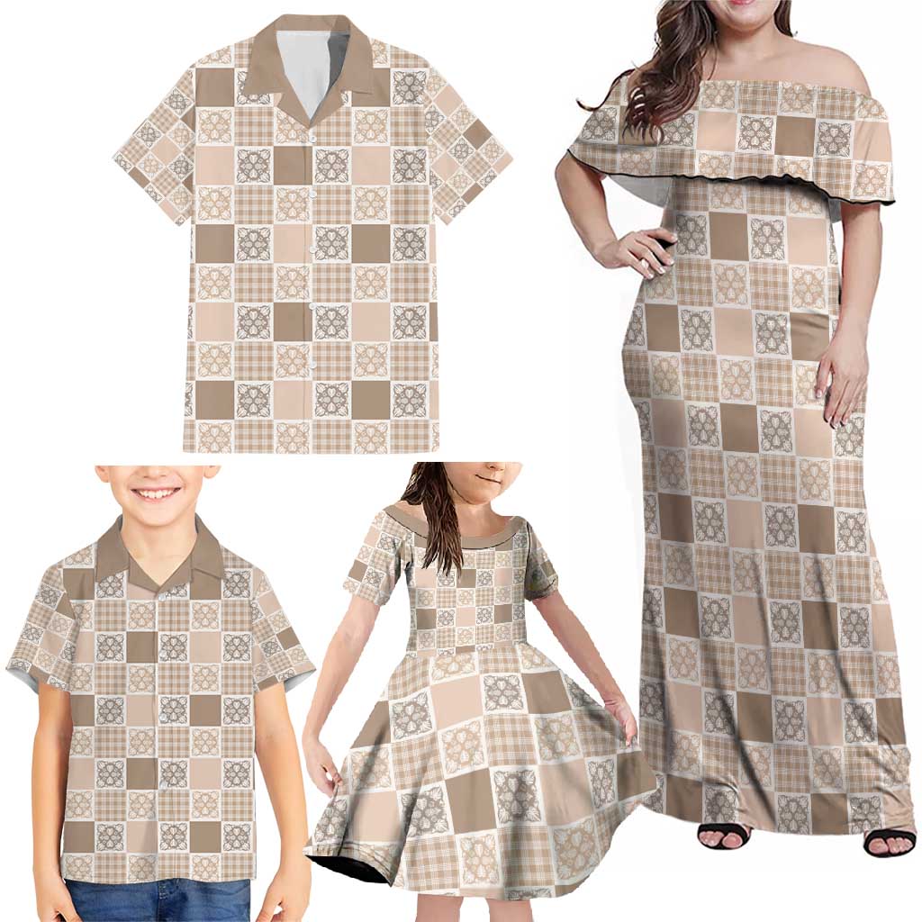 Hawaiian Palaka Quilt Pattern Family Matching Off Shoulder Maxi Dress and Hawaiian Shirt Hawaii Culture Tropical Flowers Mix LT9 - Polynesian Pride