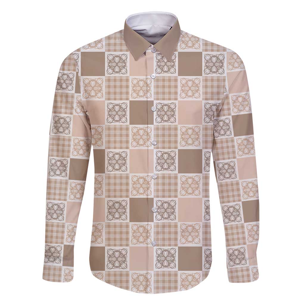 Hawaiian Palaka Quilt Pattern Family Matching Off Shoulder Short Dress and Hawaiian Shirt Hawaii Culture Tropical Flowers Mix LT9 Dad's Shirt - Long Sleeve Beige - Polynesian Pride