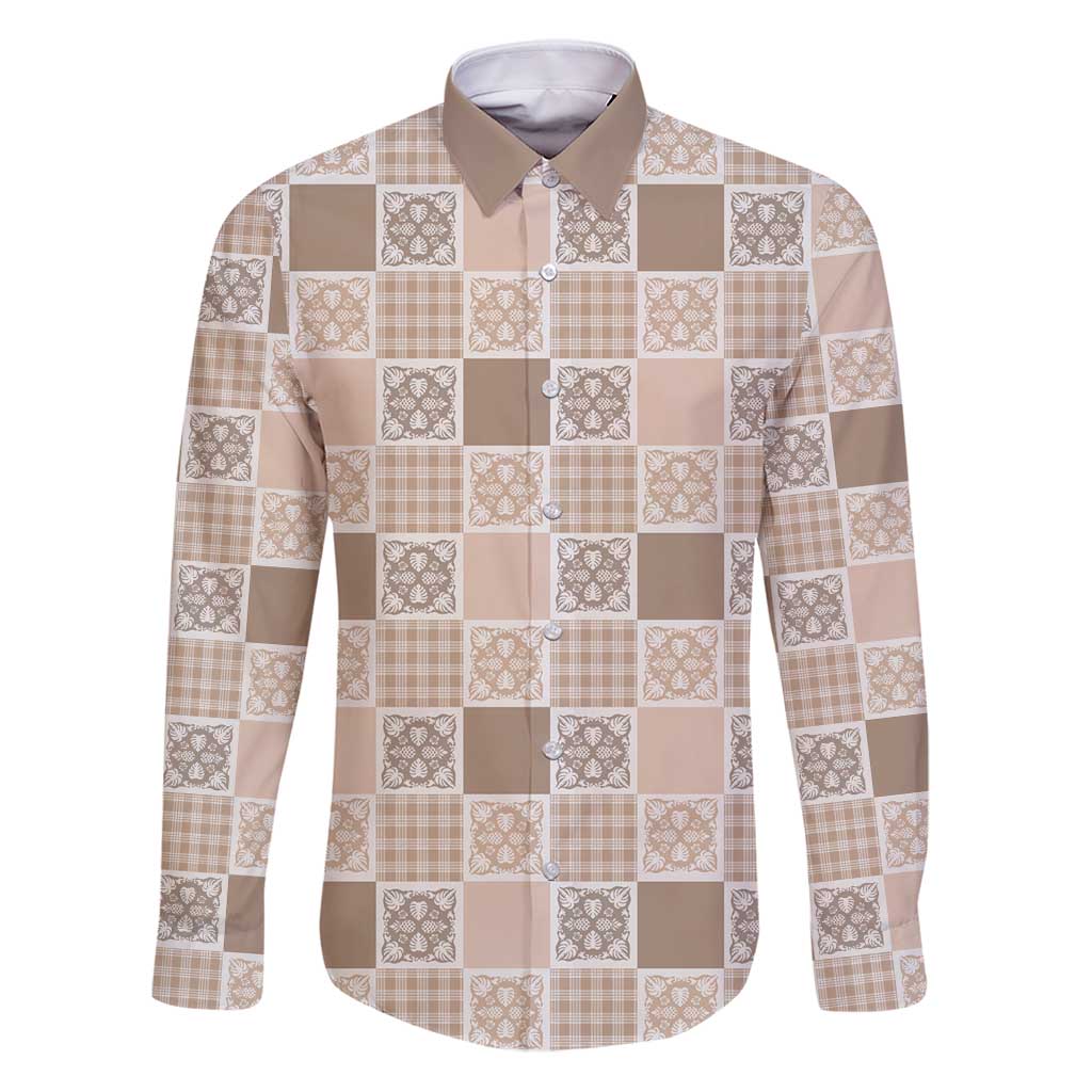 Hawaiian Palaka Quilt Pattern Family Matching Puletasi and Hawaiian Shirt Hawaii Culture Tropical Flowers Mix LT9 Dad's Shirt - Long Sleeve Beige - Polynesian Pride