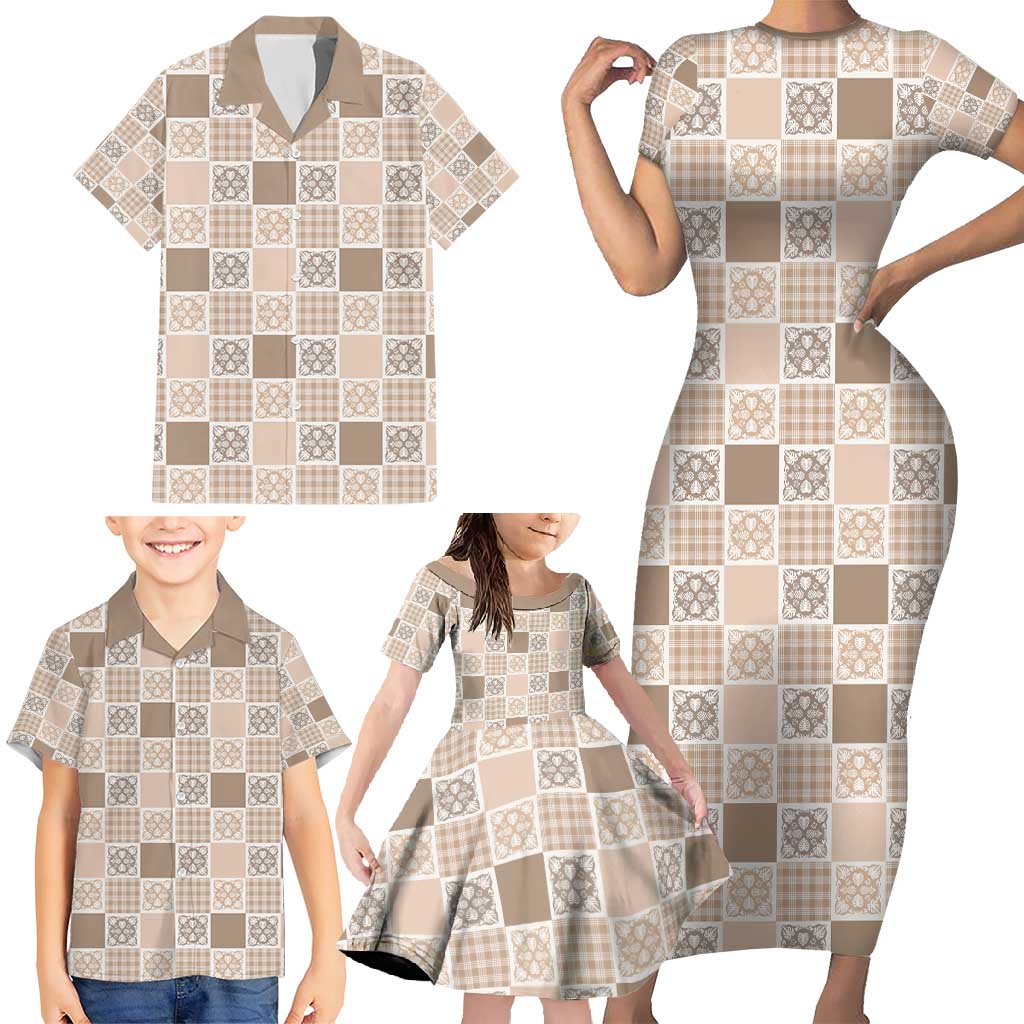 Hawaiian Palaka Quilt Pattern Family Matching Short Sleeve Bodycon Dress and Hawaiian Shirt Hawaii Culture Tropical Flowers Mix LT9 - Polynesian Pride