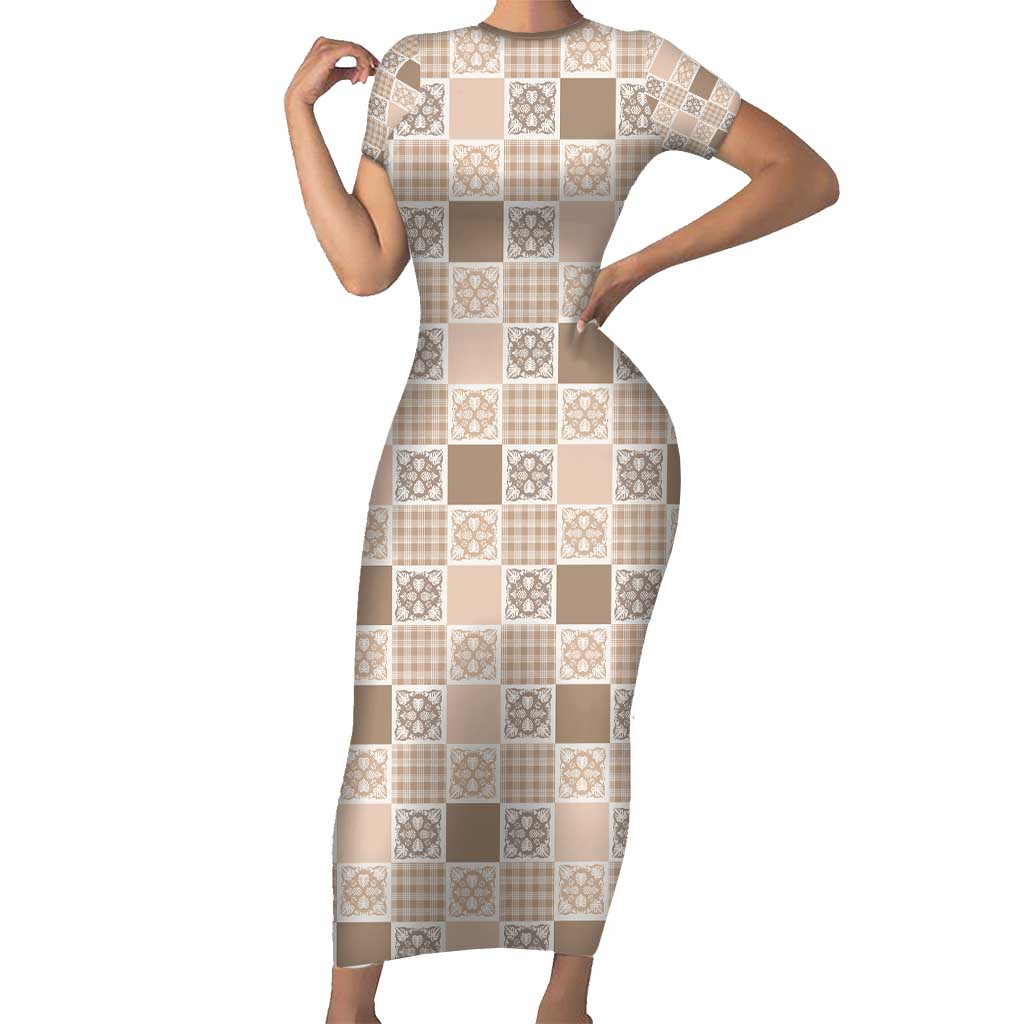 Hawaiian Palaka Quilt Pattern Family Matching Short Sleeve Bodycon Dress and Hawaiian Shirt Hawaii Culture Tropical Flowers Mix LT9 Mom's Dress Beige - Polynesian Pride