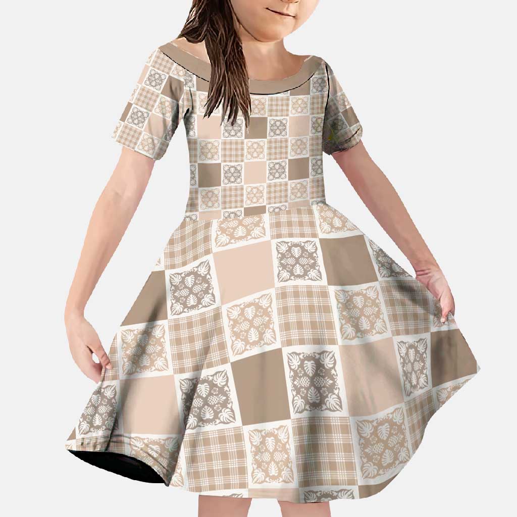 Hawaiian Palaka Quilt Pattern Family Matching Summer Maxi Dress and Hawaiian Shirt Hawaii Culture Tropical Flowers Mix LT9 Daughter's Dress Beige - Polynesian Pride