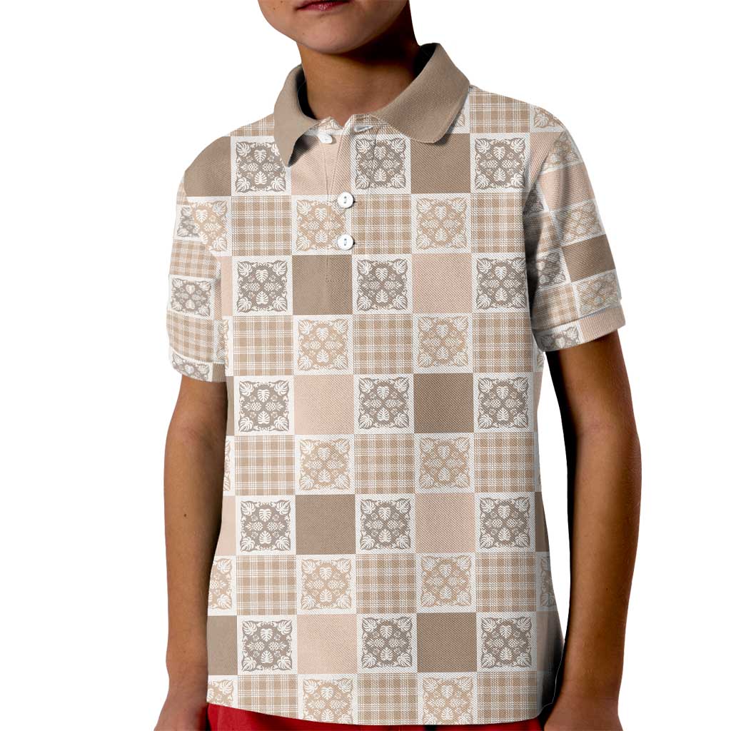 Hawaiian Palaka Quilt Pattern Kid Polo Shirt Hawaii Culture Tropical Flowers Mix LT9 Kid Beige - Polynesian Pride