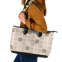 Hawaiian Palaka Quilt Pattern Leather Tote Bag Hawaii Culture Tropical Flowers Mix LT9 Beige - Polynesian Pride