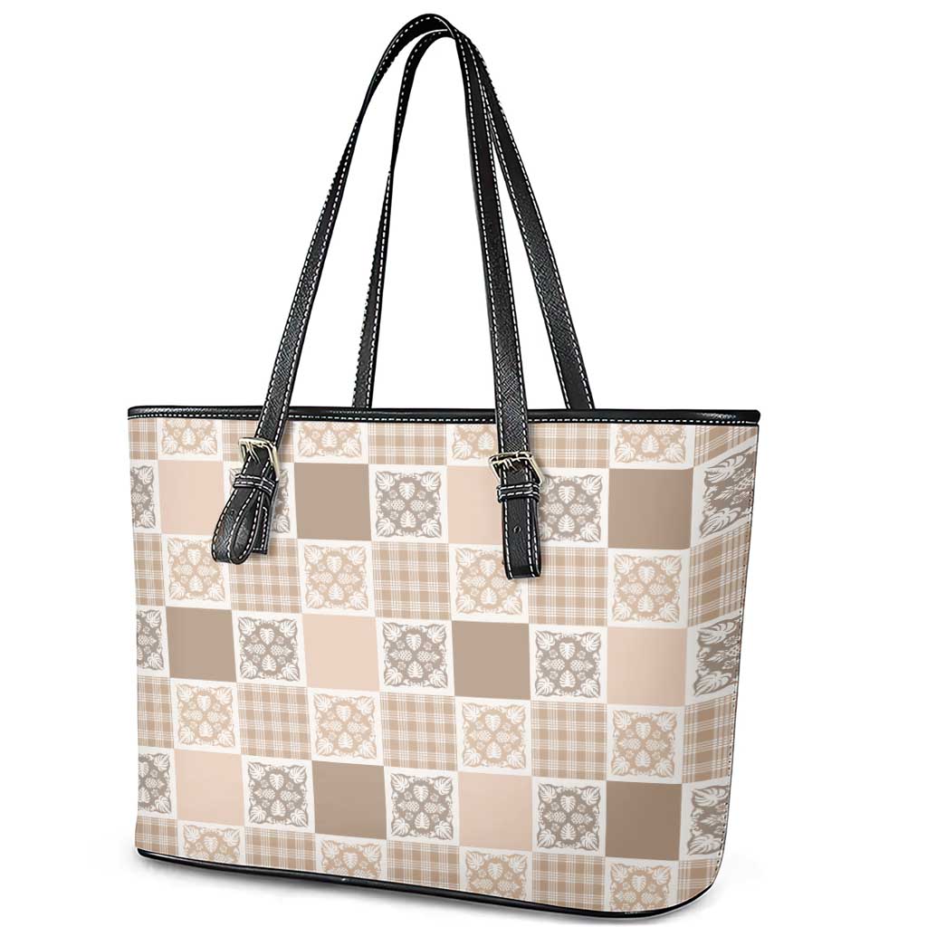 Hawaiian Palaka Quilt Pattern Leather Tote Bag Hawaii Culture Tropical Flowers Mix LT9 - Polynesian Pride