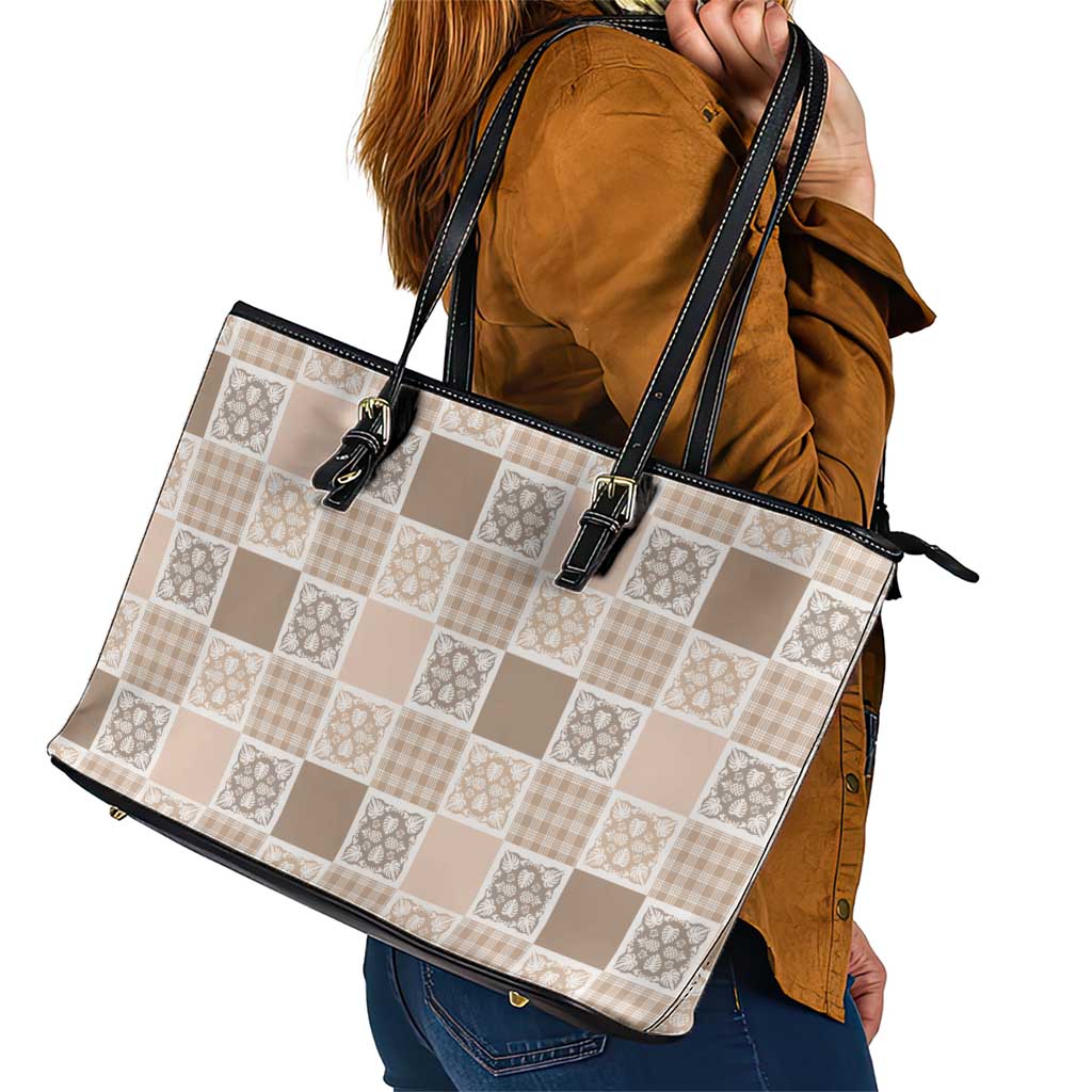 Hawaiian Palaka Quilt Pattern Leather Tote Bag Hawaii Culture Tropical Flowers Mix LT9 - Polynesian Pride