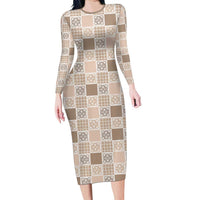 Hawaiian Palaka Quilt Pattern Long Sleeve Bodycon Dress Hawaii Culture Tropical Flowers Mix - Polynesian Pride