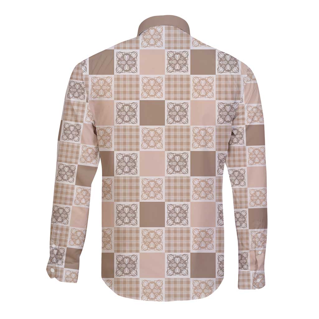 Hawaiian Palaka Quilt Pattern Long Sleeve Button Shirt Hawaii Culture Tropical Flowers Mix - Polynesian Pride