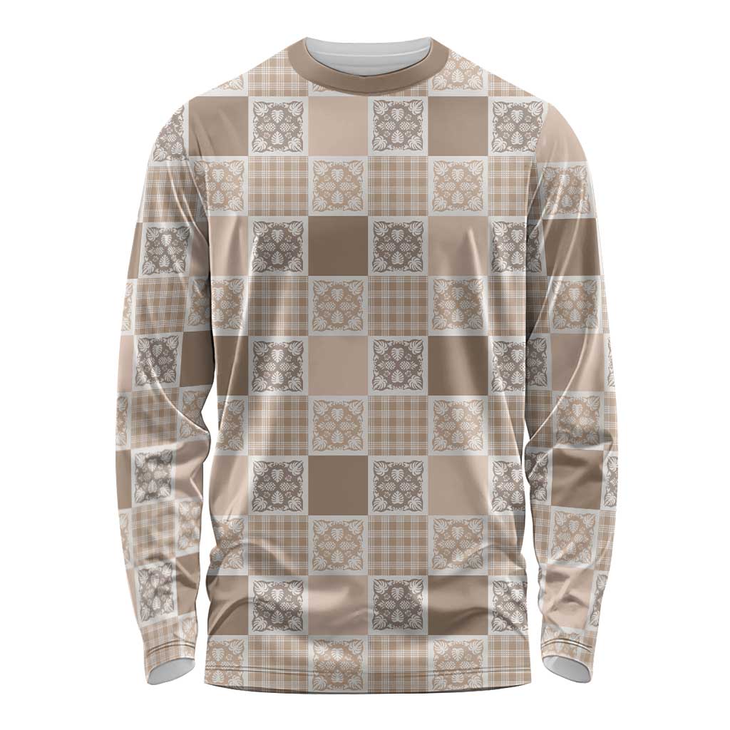 Hawaiian Palaka Quilt Pattern Long Sleeve Shirt Hawaii Culture Tropical Flowers Mix LT9 Unisex Beige - Polynesian Pride
