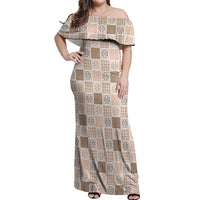 Hawaiian Palaka Quilt Pattern Off Shoulder Maxi Dress Hawaii Culture Tropical Flowers Mix - Polynesian Pride