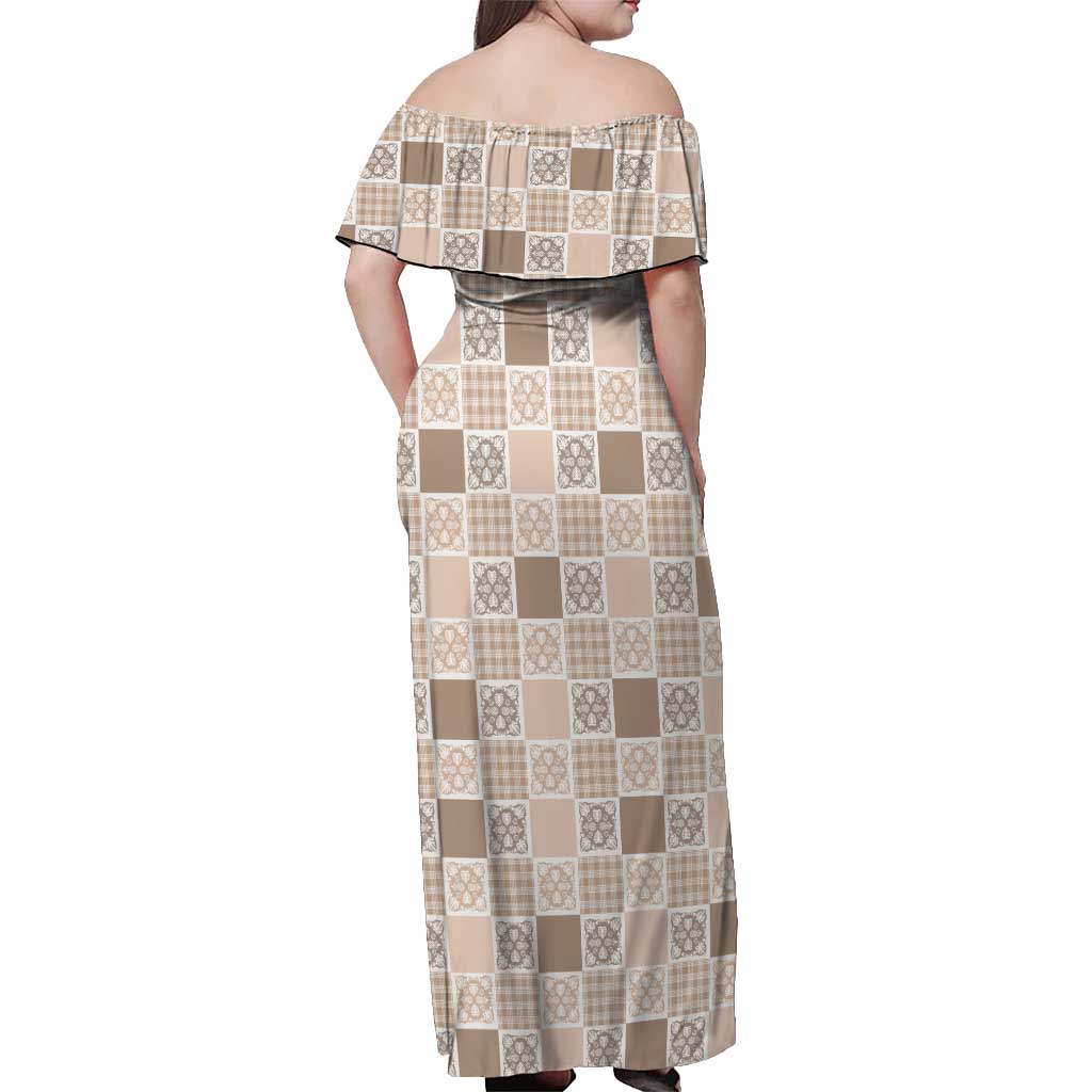 Hawaiian Palaka Quilt Pattern Off Shoulder Maxi Dress Hawaii Culture Tropical Flowers Mix - Polynesian Pride
