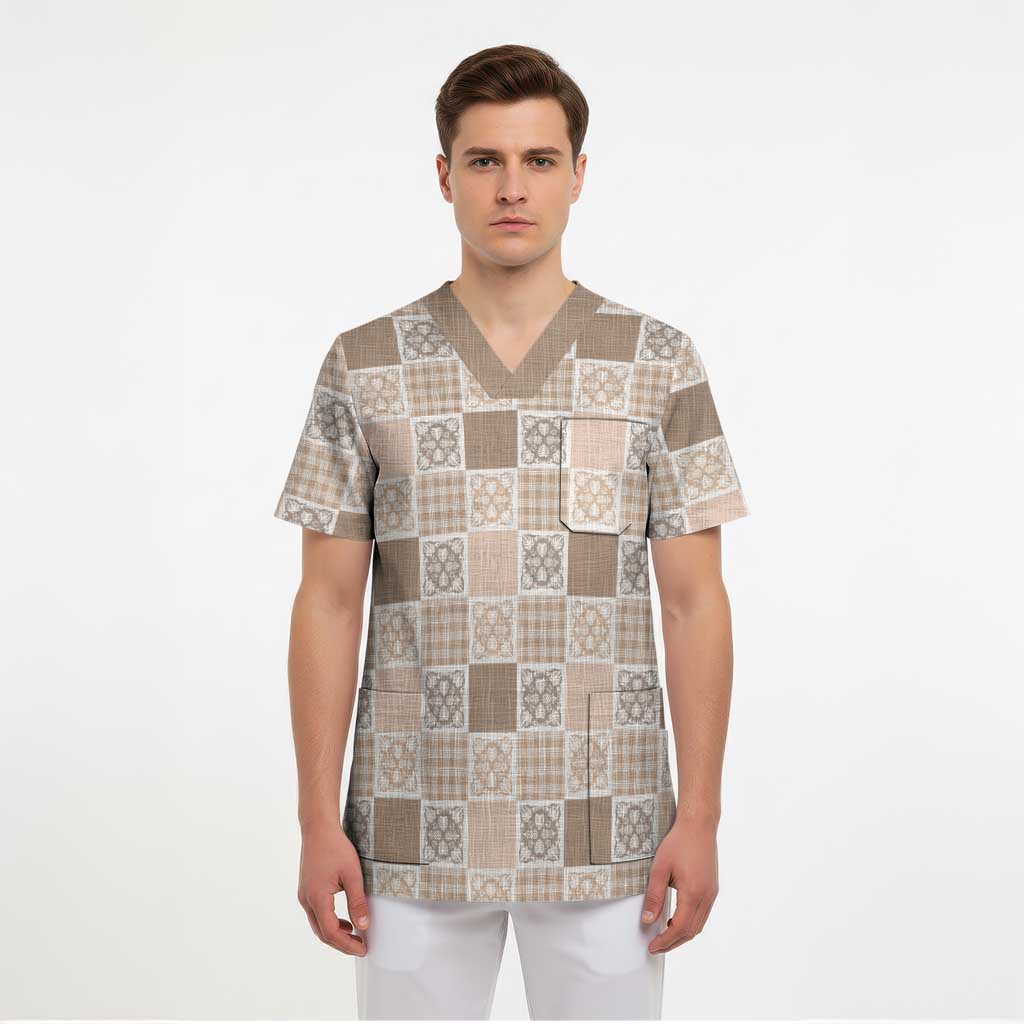 Hawaiian Palaka Quilt Pattern Scrub Top Hawaii Culture Tropical Flowers Mix - Polynesian Pride