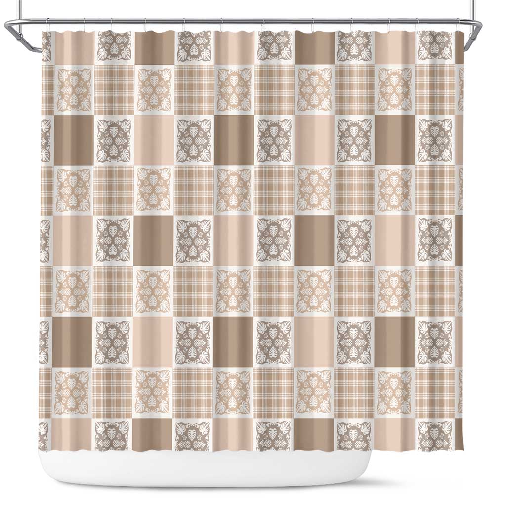 Hawaiian Palaka Quilt Pattern Shower Curtain Hawaii Culture Tropical Flowers Mix LT9 Beige - Polynesian Pride