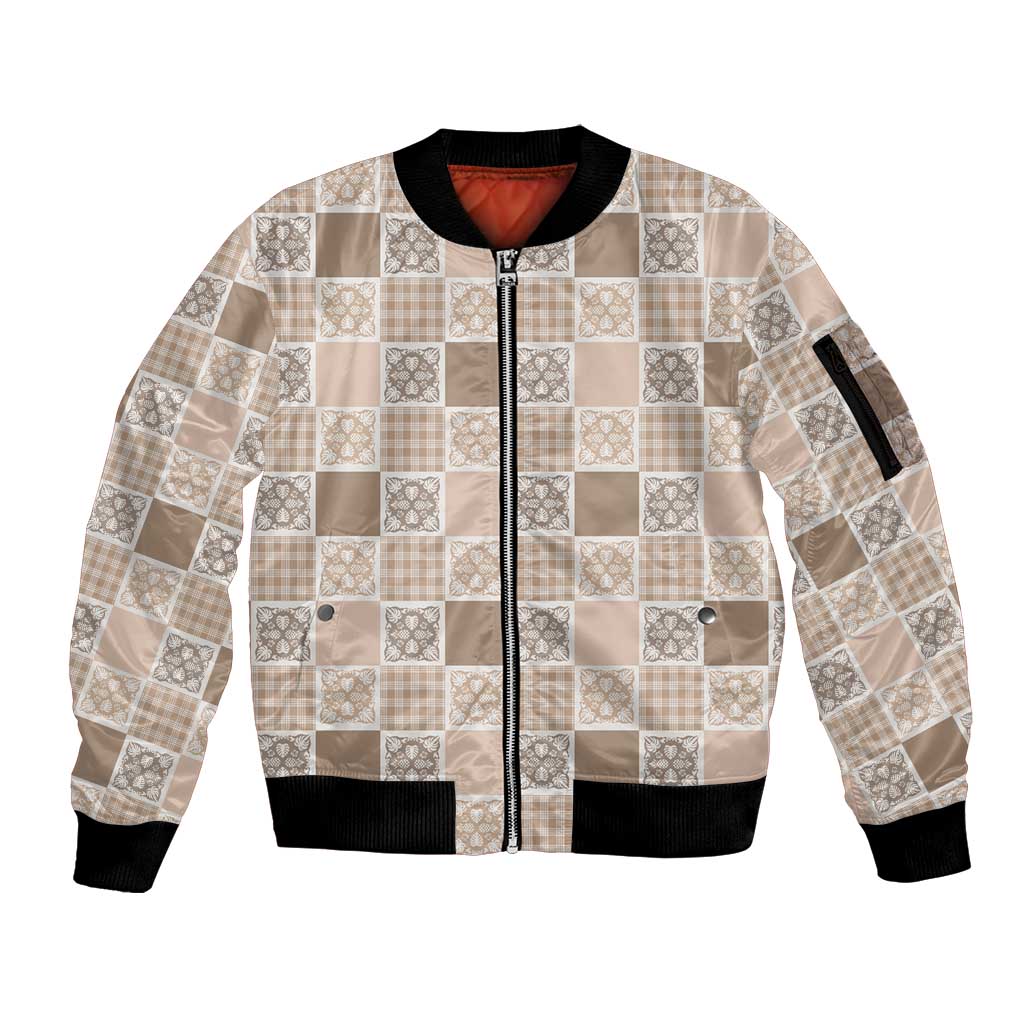 Hawaiian Palaka Quilt Pattern Sleeve Zip Bomber Jacket Hawaii Culture Tropical Flowers Mix LT9 Unisex Beige - Polynesian Pride