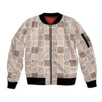 Hawaiian Palaka Quilt Pattern Sleeve Zip Bomber Jacket Hawaii Culture Tropical Flowers Mix LT9 Unisex Beige - Polynesian Pride