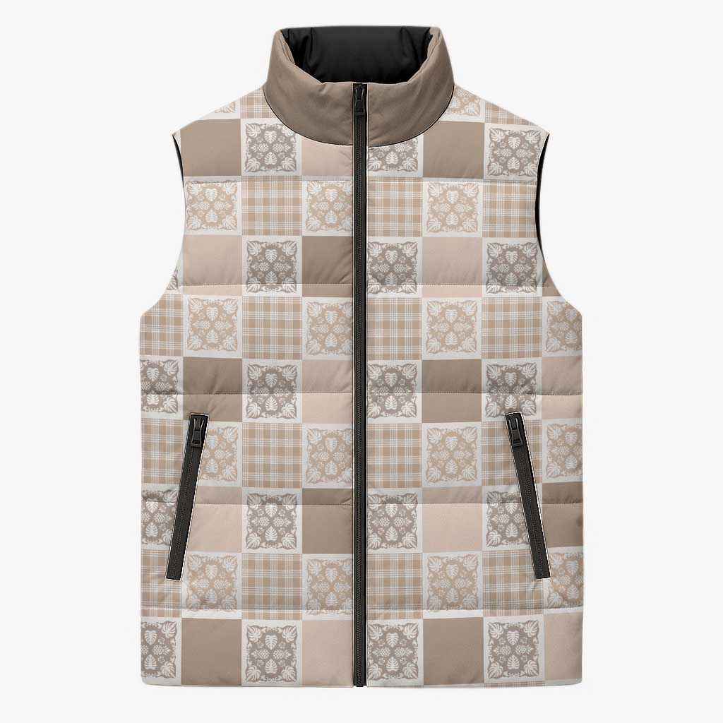 Hawaiian Palaka Quilt Pattern Sleeveless Puffer Jacket Hawaii Culture Tropical Flowers Mix LT9 Unisex Beige - Polynesian Pride
