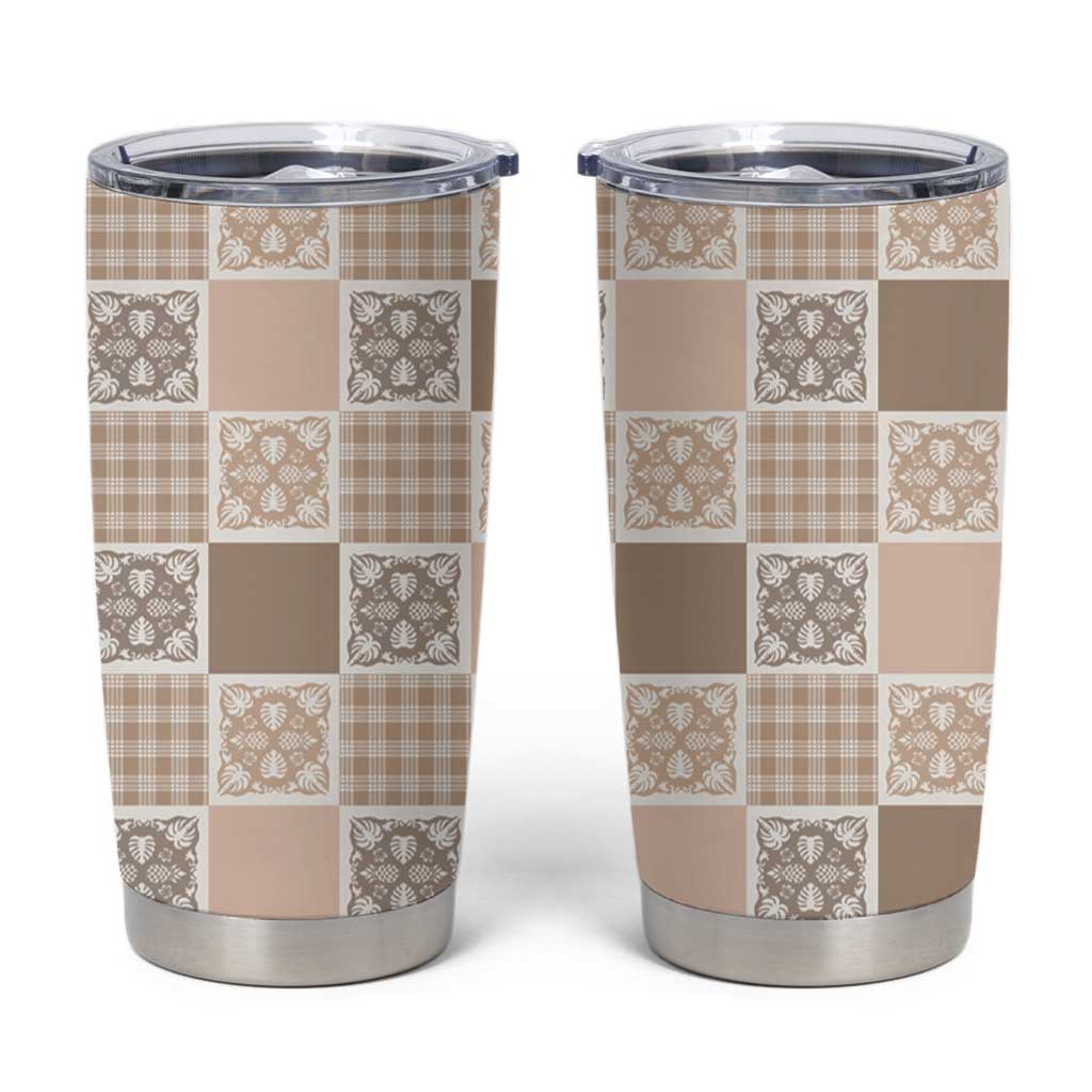 Hawaiian Palaka Quilt Pattern Tumbler Cup Hawaii Culture Tropical Flowers Mix LT9 Beige - Polynesian Pride