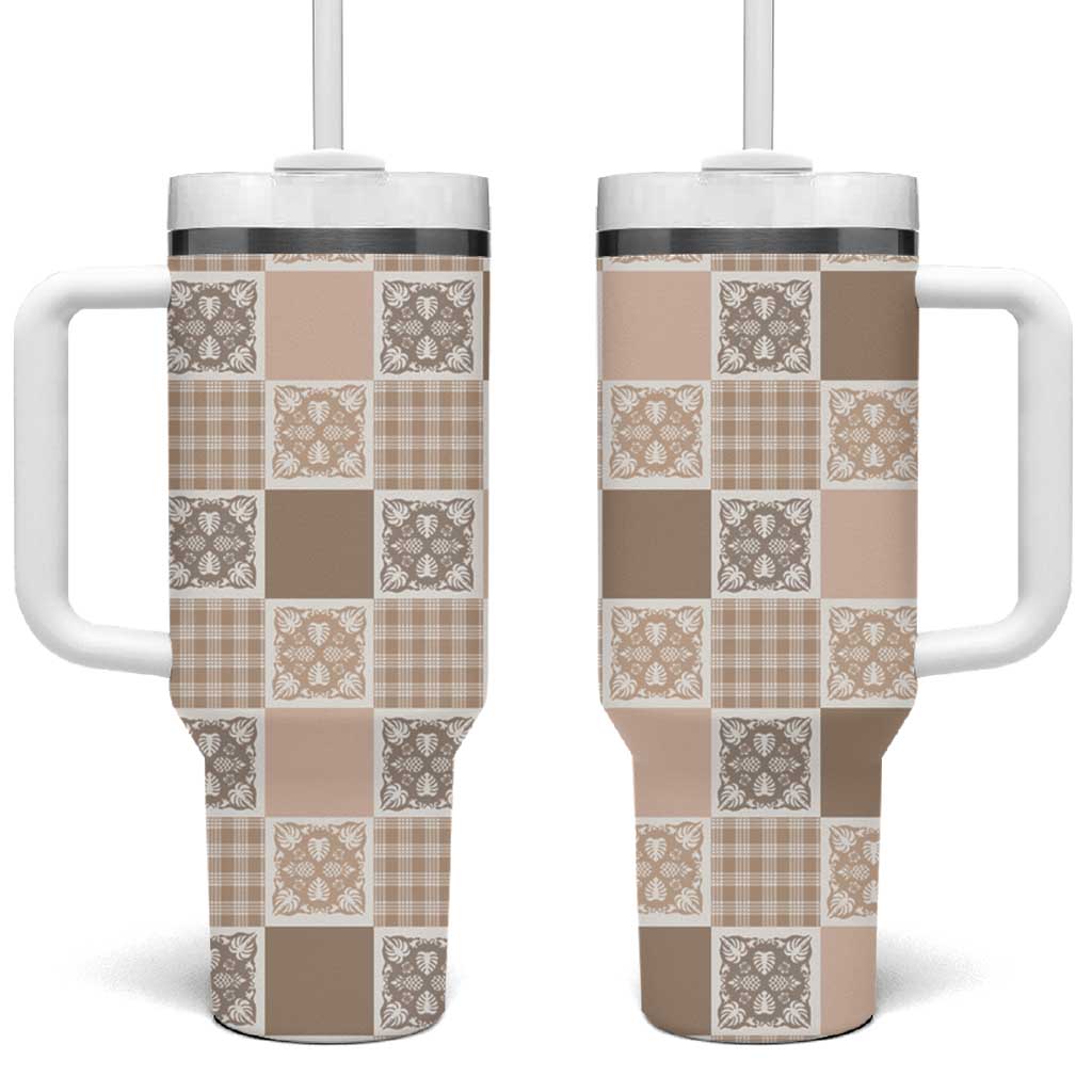 Hawaiian Palaka Quilt Pattern Tumbler With Handle Hawaii Culture Tropical Flowers Mix LT9 One Size: 40 oz Beige - Polynesian Pride