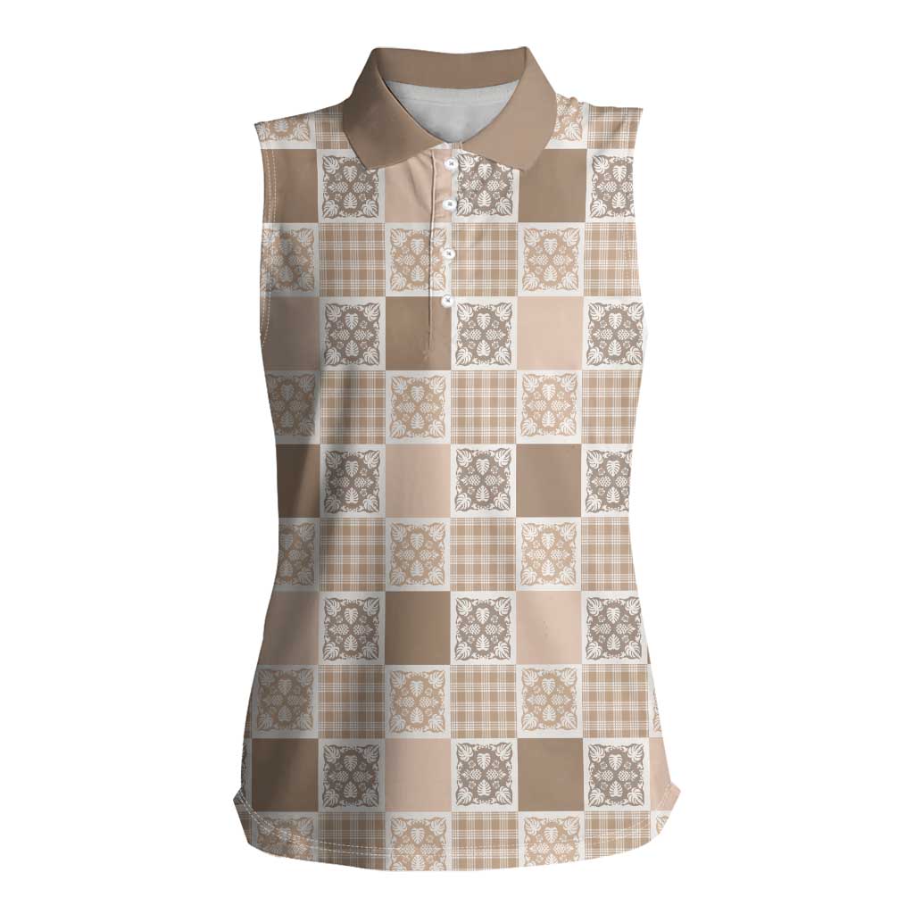 Hawaiian Palaka Quilt Pattern Women Sleeveless Polo Shirt Hawaii Culture Tropical Flowers Mix - Polynesian Pride