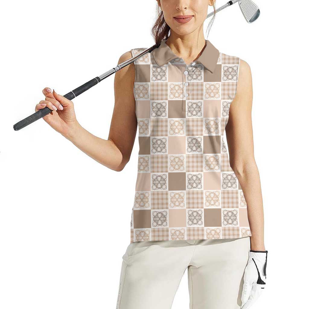 Hawaiian Palaka Quilt Pattern Women Sleeveless Polo Shirt Hawaii Culture Tropical Flowers Mix - Polynesian Pride
