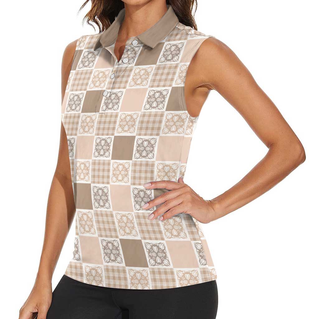 Hawaiian Palaka Quilt Pattern Women Sleeveless Polo Shirt Hawaii Culture Tropical Flowers Mix - Polynesian Pride