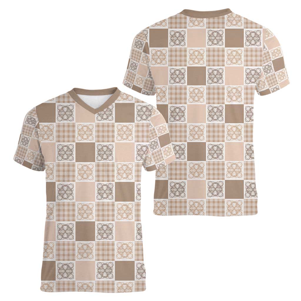 Hawaiian Palaka Quilt Pattern Women V-Neck T-Shirt Hawaii Culture Tropical Flowers Mix - Polynesian Pride