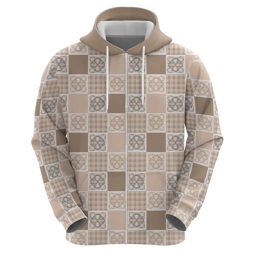 Hawaiian Palaka Quilt Pattern Zip Hoodie Hawaii Culture Tropical Flowers Mix - Polynesian Pride