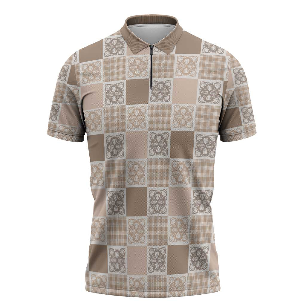 Hawaiian Palaka Quilt Pattern Zipper Polo Shirt Hawaii Culture Tropical Flowers Mix - Polynesian Pride