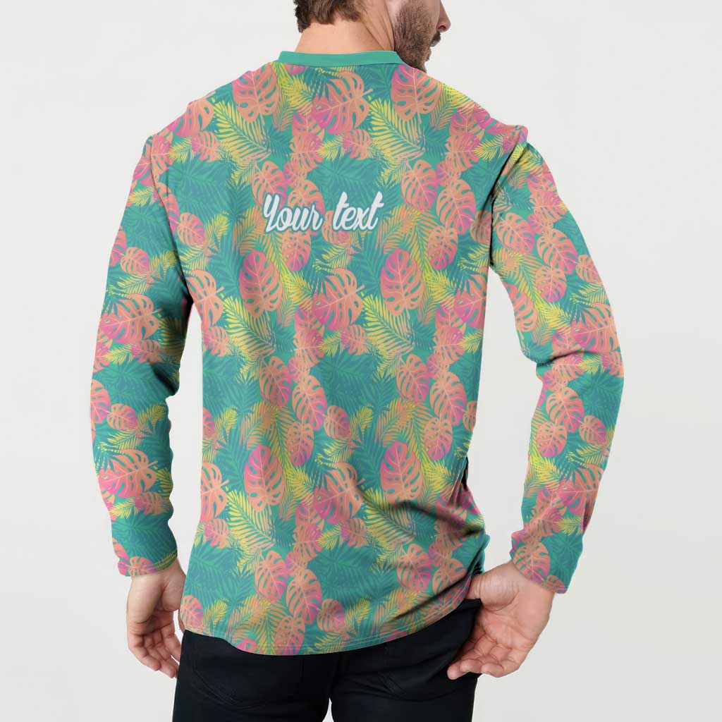 Seamless Hawaiian Quilt Pattern Button Sweatshirt Hawaii Culture Palm Leaf Tropical - Polynesian Pride