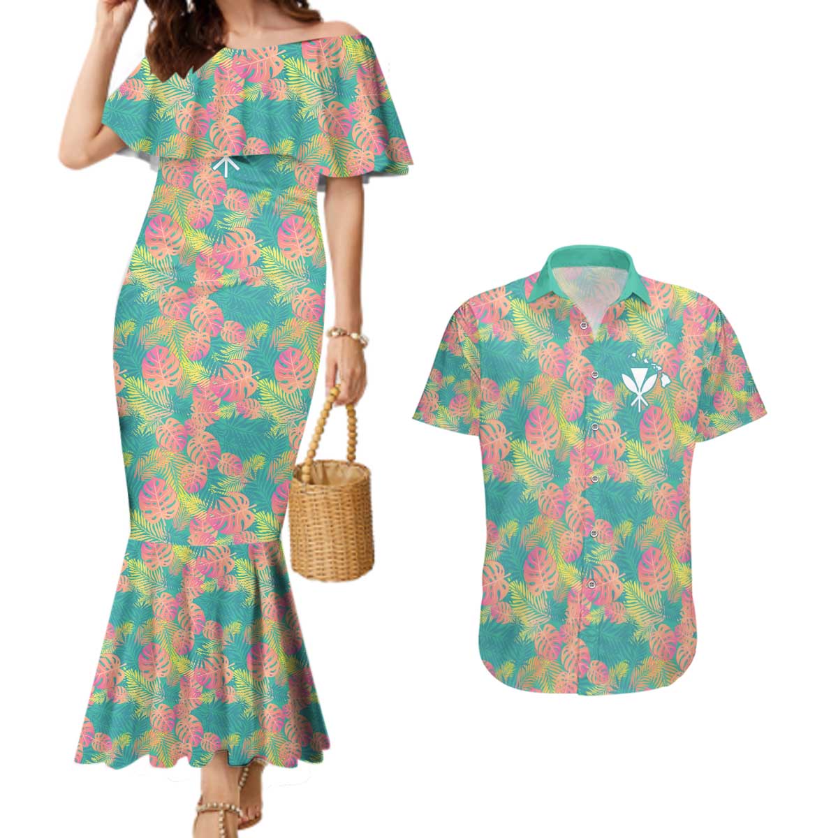 Seamless Hawaiian Quilt Pattern Couples Matching Mermaid Dress and Hawaiian Shirt Hawaii Culture Palm Leaf Tropical - Polynesian Pride