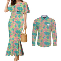 Seamless Hawaiian Quilt Pattern Couples Matching Mermaid Dress and Long Sleeve Button Shirt Hawaii Culture Palm Leaf Tropical - Polynesian Pride
